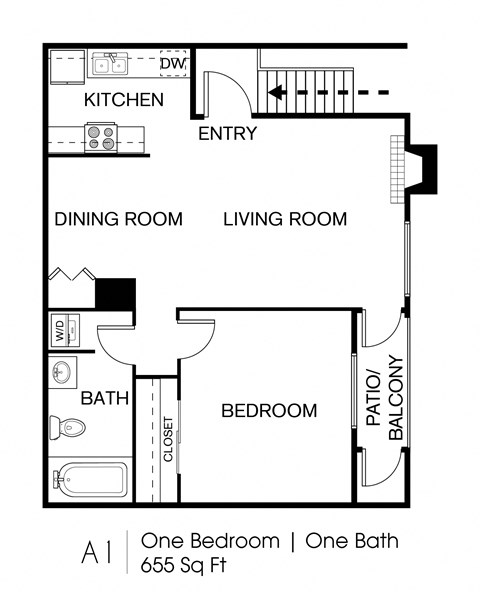 Floor plan for 1 bed, 1 bath, 610 sqft